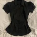 Siyah Vintage Mini Puff Sleeve Goth Y2K Kısa Kollu Gömlek