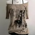 Bej Gothic Skulls Askılı Kısa Kollu Crop