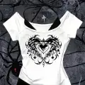 Beyaz Gothic Heart Yaka Ek Askılı Kısa Kollu Full Body Crop