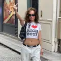Beyaz I Love Rich Boys Siyah Yazılı Detail Bluz Body Crop Top