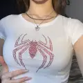 Beyaz Kırmızı Parıltılı Taşlı Örümcek Spiderman Kadın Crop Body