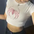 Beyaz Kırmızı Parıltılı Taşlı Örümcek Spiderman Kadın Crop Body