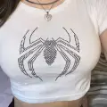 Beyaz Parıltılı Taşlı Örümcek Spiderman Kadın Crop Body