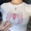 Beyaz Pembe Parıltılı Taşlı Örümcek Spiderman Kadın Crop Body