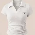 Beyaz Polo Yaka Fitilli Likralı Bluz