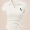 Beyaz Simli Polo Yaka Büzgülü Bluz