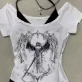 Beyaz Sword Warriror Angel Madonna Yaka Ek Askılı Kısa Kollu Full Body Crop