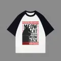 Beyaz Unisex Siyah Reglan Meow Cat T-Shirt