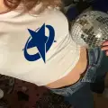 Beyaz Y2K Mavi Yıldız Sokak Stili Desenli Kısa Kollu Body Tshirt Crop Top