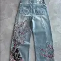 Blue Night Blossom Nakışlı Wide Leg Jean