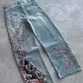 Blue Night Blossom Nakışlı Wide Leg Jean