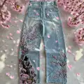 Blue Night Blossom Nakışlı Wide Leg Jean