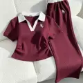 Bordo Polo Yaka Fitilli Likralı Premium Eşofman Takımı