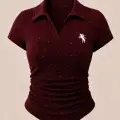 Bordo Simli Polo Yaka Büzgülü Bluz