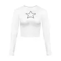 Yıldız Desenli Transparan Detaylı Uzun Kollu Beyaz Crop Top Bluz