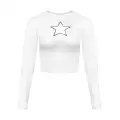 Yıldız Desenli Transparan Detaylı Uzun Kollu Beyaz Crop Top Bluz