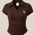 Kahverengi Polo Yaka Fitilli Likralı Bluz