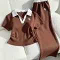 Kahverengi Polo Yaka Fitilli Likralı Premium Eşofman Takımı