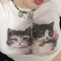 KEDİ baskılı Cute Kitten Ribbed Baskılı Beyaz Crop