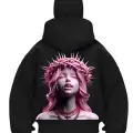 Kraliçe Pembe Baskılı Siyah Samuray Kar Maske Sweatshirt Hırka