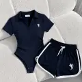 Lacivert Fit Polo Yaka Bodysuit Şort Takım