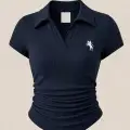 Lacivert Polo Yaka Fitilli Likralı Bluz