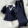 Lacivert Polo Yaka Fitilli Likralı Premium Eşofman Takımı