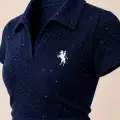 Lacivert Simli Polo Yaka Büzgülü Bluz