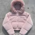 Pembe Juicy Peluş Kapüşonlu Şişme Crop Mont