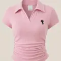 Pembe Polo Yaka Fitilli Likralı Bluz