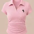 Pembe Simli Polo Yaka Büzgülü Bluz