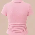 Pembe Simli Polo Yaka Büzgülü Bluz