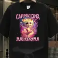 Siyah Cappuccino Ballerina Baskılı Yıkamalı Vintage Unisex Oversize T-Shirt