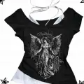 Siyah Gothic Angel Women Yaka Ek Askılı Kısa Kollu Full Body Crop
