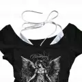 Siyah Gothic Angel Women Yaka Ek Askılı Kısa Kollu Full Body Crop