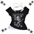 Siyah Gothic MıneCraft Yaka Ek Askılı Kısa Kollu Full Body Crop
