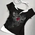 Siyah Gothic Red Love Yaka Ek Askılı Kısa Kollu Full Body Crop