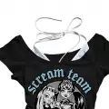 Siyah Gothic Scream Team Yaka Ek Askılı Kısa Kollu Full Body Crop