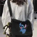 Siyah Stitch Baskılı Unisex Askılı Postacı Çanta