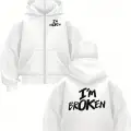 Unisex Oversize Beyaz IM Broken Baskılı Maskeli Hoodie