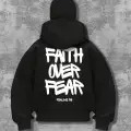Unisex Oversize Siyah Fait Over Fear Baskılı Maskeli Hoodie