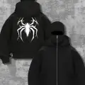 Unisex Oversize Siyah Spider Baskılı Maskeli Hoodie