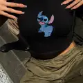 Y2K Sokak Stili Oturan Stitch Model Baskılı Kısa Kollu Siyah Crop Body