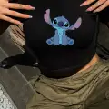 Y2K Sokak Stili Oturan Stitch Model Baskılı Kısa Kollu Siyah Crop Body