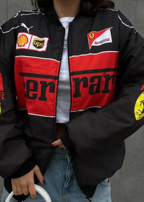 Siyah F1 Ferrari Racing Retro Unisex Bomber Ceket
