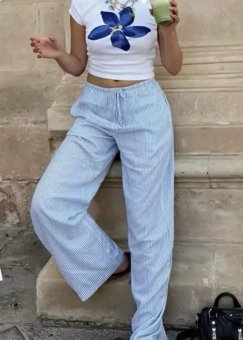 Mavi Çizgili Beli Lastikli Y2k Bol Paça Pantolon