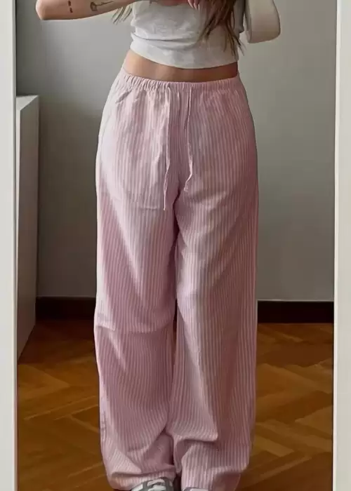 Pembe Çizgili Beli Lastikli Y2k Bol Paça Pantolon