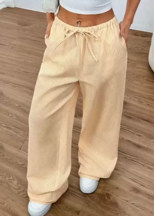 Sarı Çizgili Beli Lastikli Y2k Bol Paça Pantolon