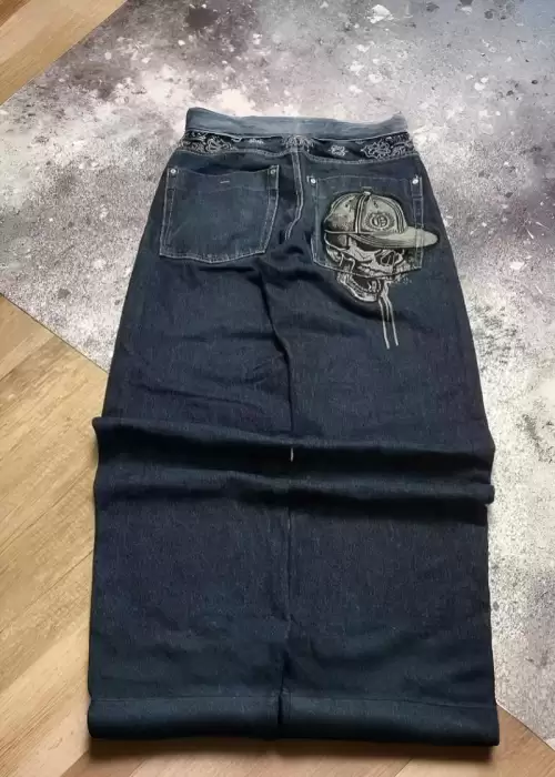 Lacivert Back Side Skull Head Salaş Baggy Kot Pantolon