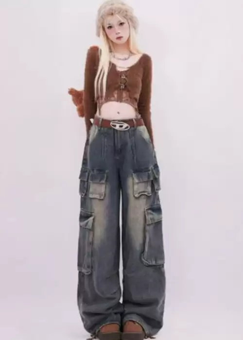 Lacivert Vintage Yıkamalı Baggy Y2K Kargo Pantolon